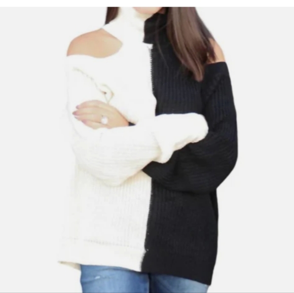 BIBI Color Block Mock Neck Sweater With Cold Shoulder Women's Size XL NWT - Picture 2 of 11